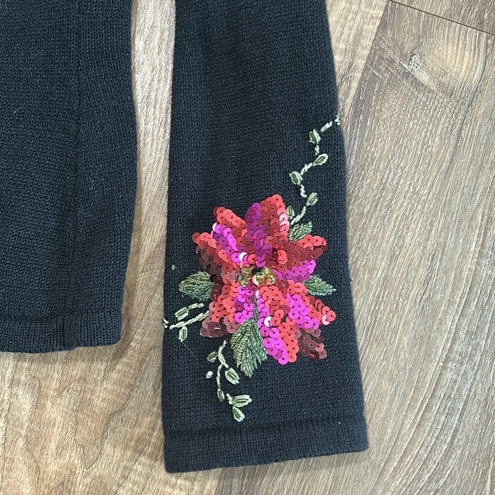 Tiara International Christmas Collection Poinsettia Blk Cardigan Sequin Beads L